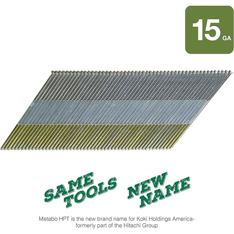 Metabo HPT Finish Nails, 2-1/2in. x 15 Gauge,Angled, Electro Galvanized, 1000 Count
