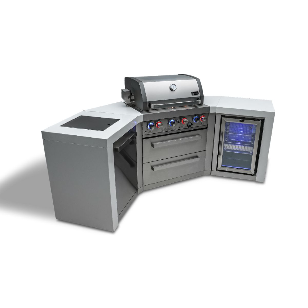Mont Alpi 4-Burner Deluxe island with 45-degree corners and a fridge cabinet