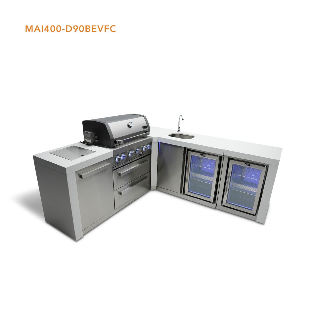 Mont Alpi 4-Burner Deluxe Island with a 90-degree corner, Beverage Center, and Fridge Cabinet