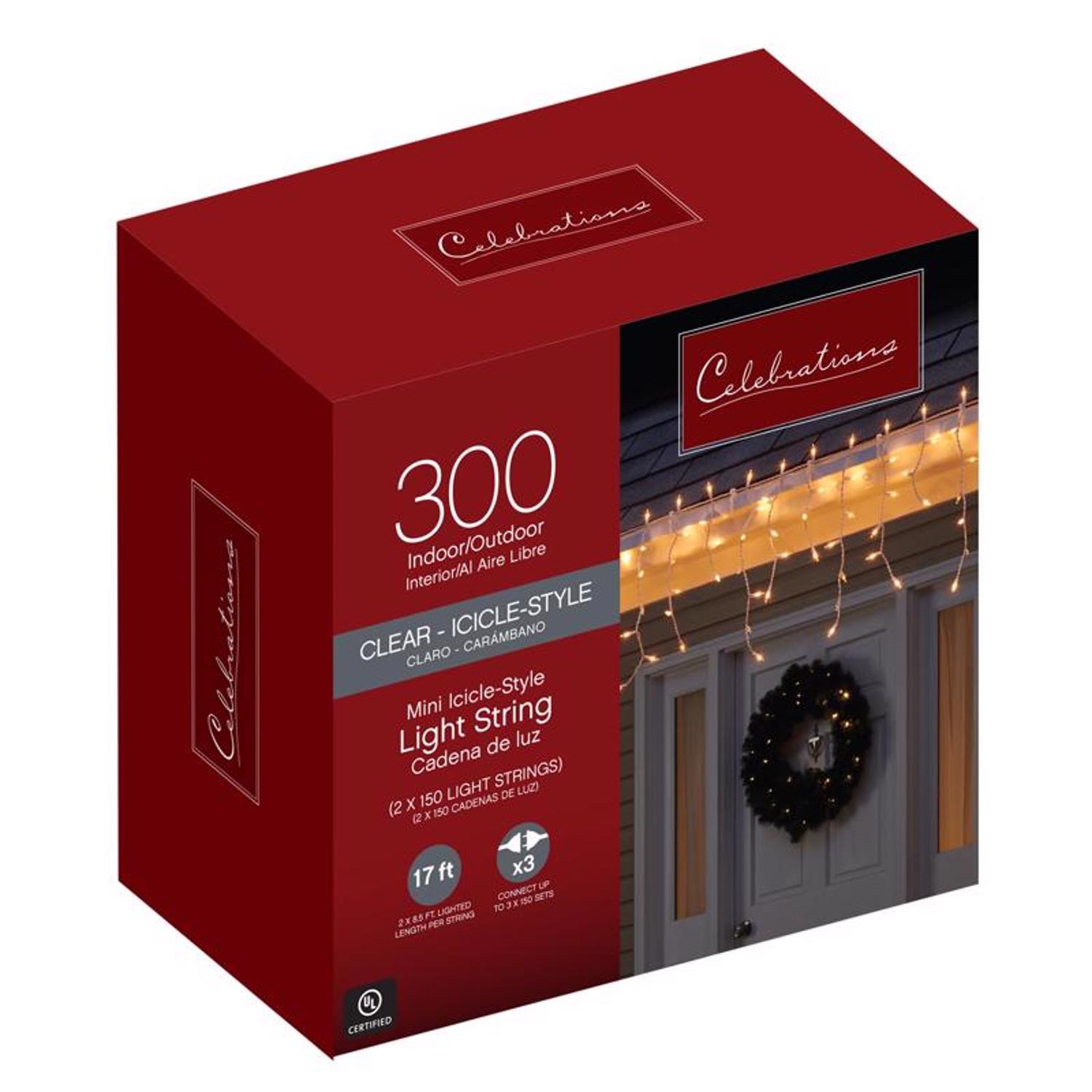 Celebrations Red Incandescent Mini Clear 300 ct Icicle Christmas Lights 17 ft.