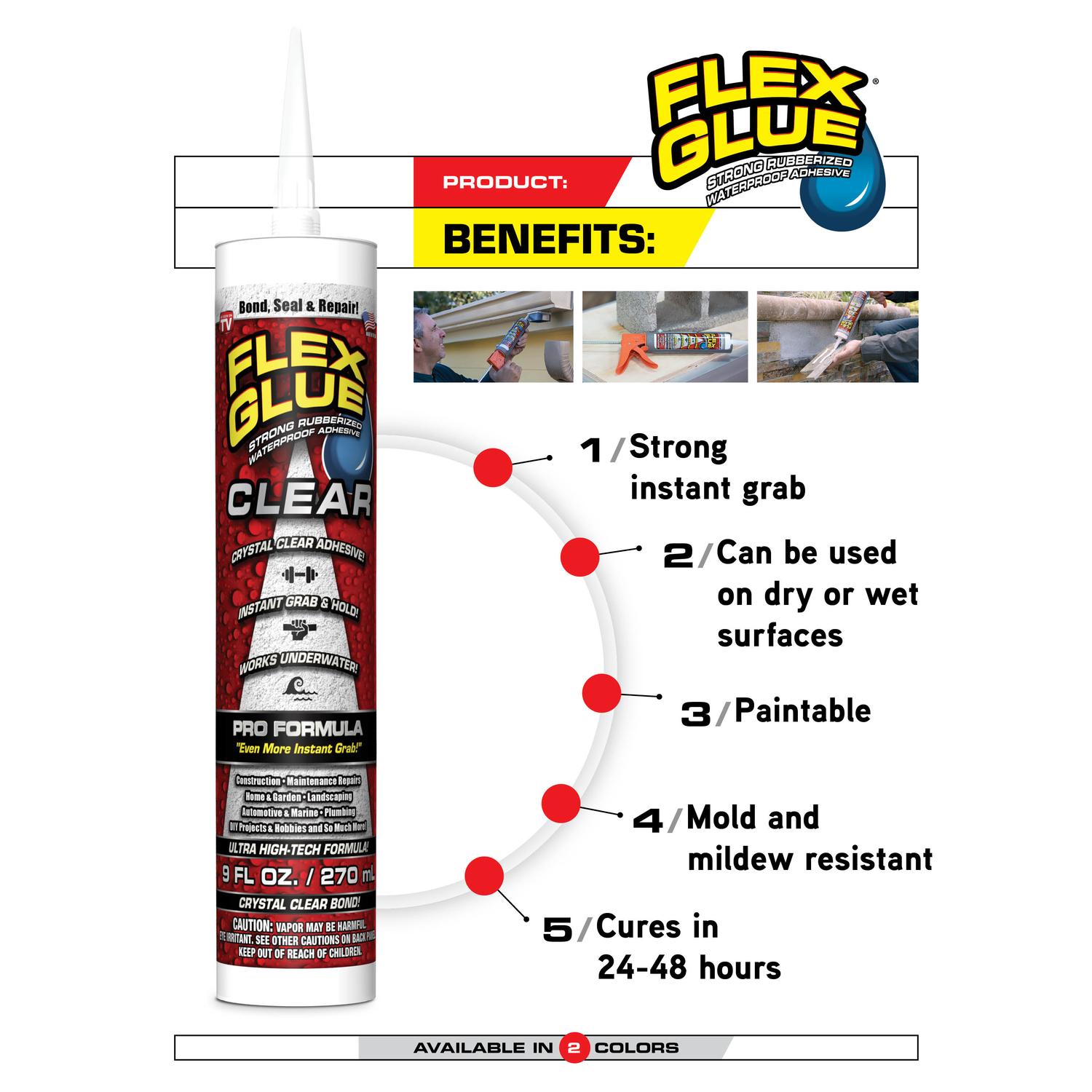 Flex Seal Family of Products Flex Glue Clear Rubberized Waterproof Adhesive 9 oz