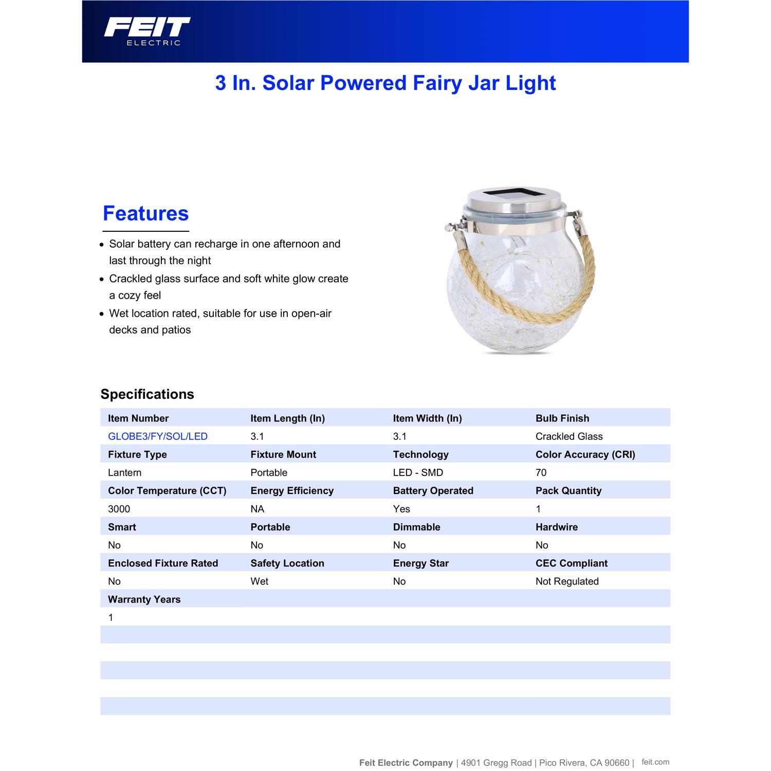 Feit Solar Fixtures 3.7 in. Solar Power Glass Round Coach Lantern Clear Crackle Jar w/Fairy Lights