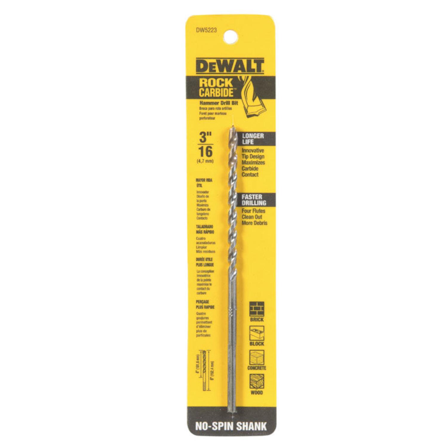 DEWALT 3/16 in. X 6 in. L Carbide Tipped Percussion Drill Bit 3-Flat Shank 1 pc