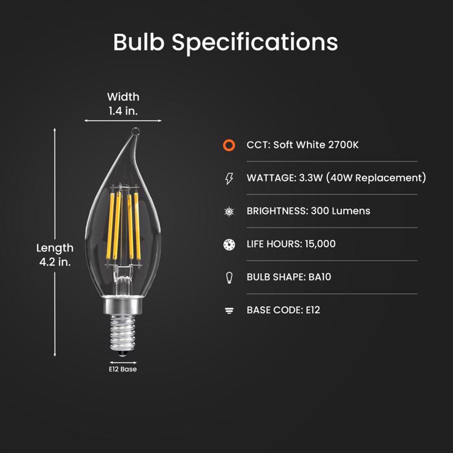 Feit Enhance CA10 (Flame Tip) E12 (Candelabra) Filament LED Bulb Soft White 40 Watt Equivalence 6 pk