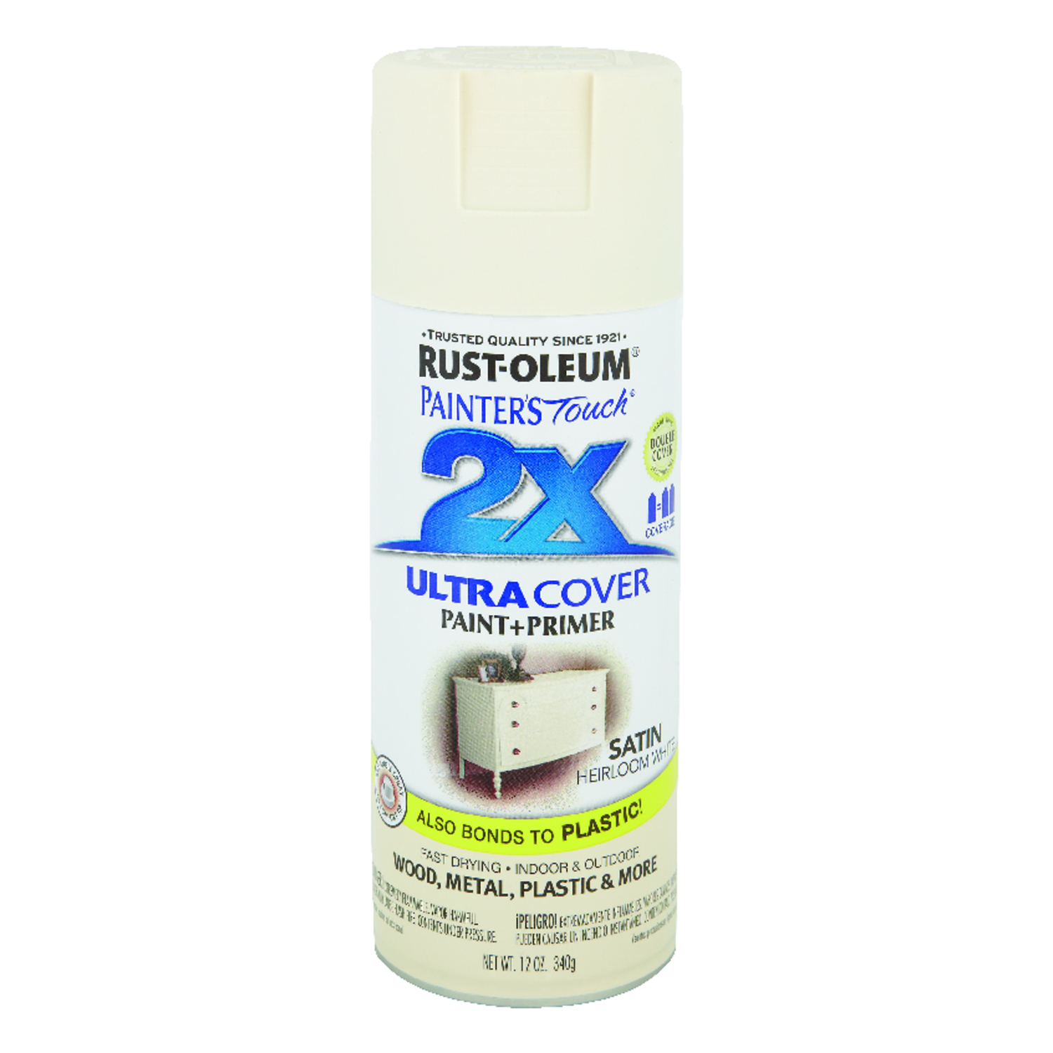 Rust-Oleum Painter's Touch 2X Ultra Cover Satin Heirloom White Paint+Primer Spray Paint 12 oz