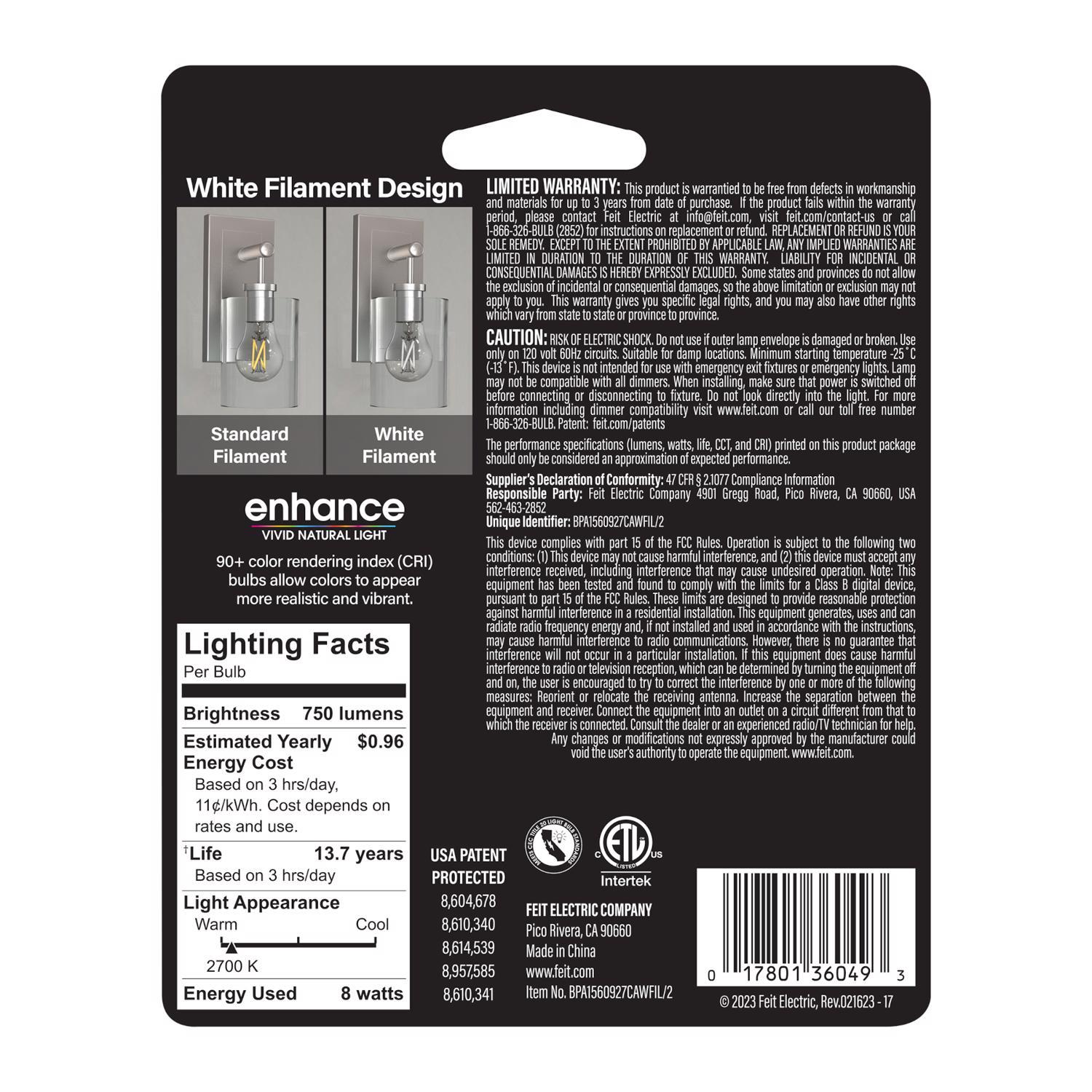 Feit White A15 E26 (Medium) Filament LED Bulb Soft White 60 Watt Equivalence 2 pk