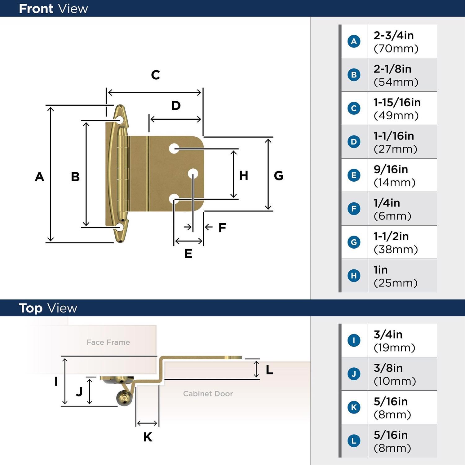 Amerock 2 in. W X 2-3/4 in. L Polished Brass Steel Cabinet Hinge 2 pk