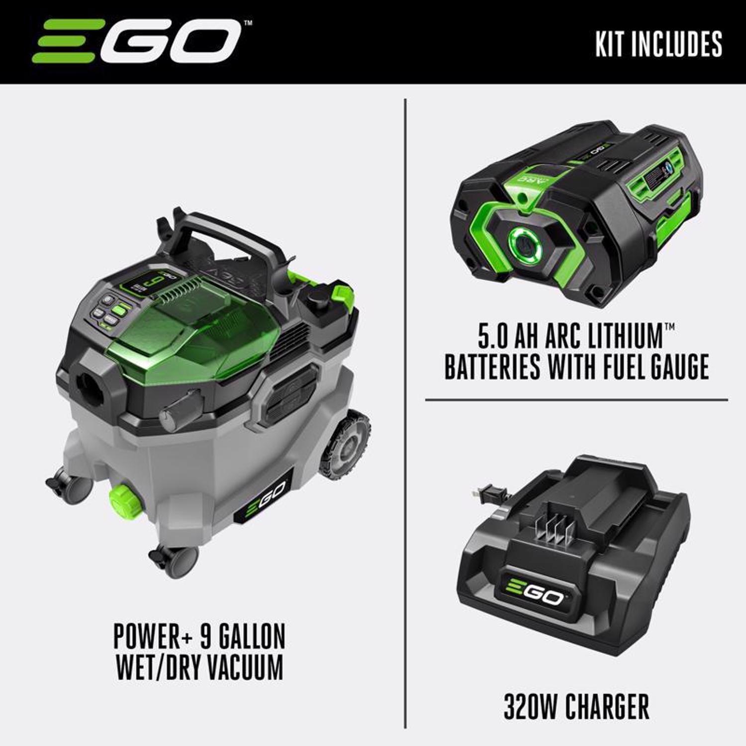 EGO Power+ WDV0904 9 gal Cordless Wet/Dry Vacuum Kit (Battery & Charger) 56 V W/ 5.0AH BATTERY