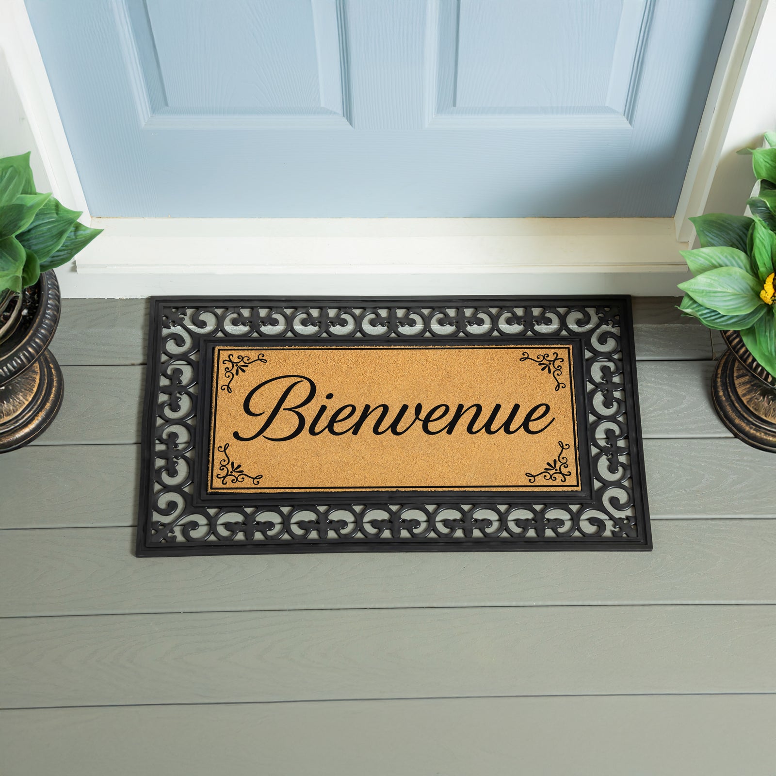 Evergreen Canada Strong Bienvenue Flocked Coir Sassafras Switch Mat, Filigree, 22 in. x 10 in.