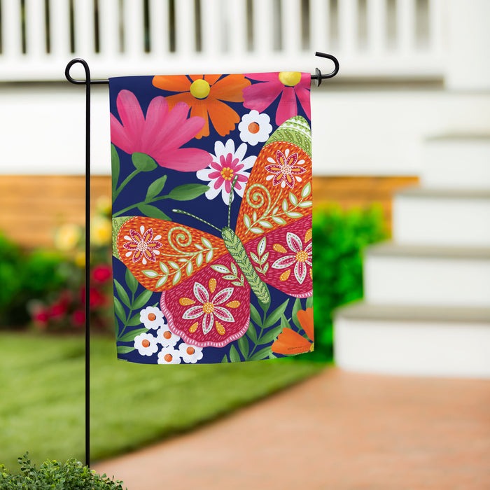 Evergreen Bloom & Burst Butterfly Suede Garden Flag Front & Back