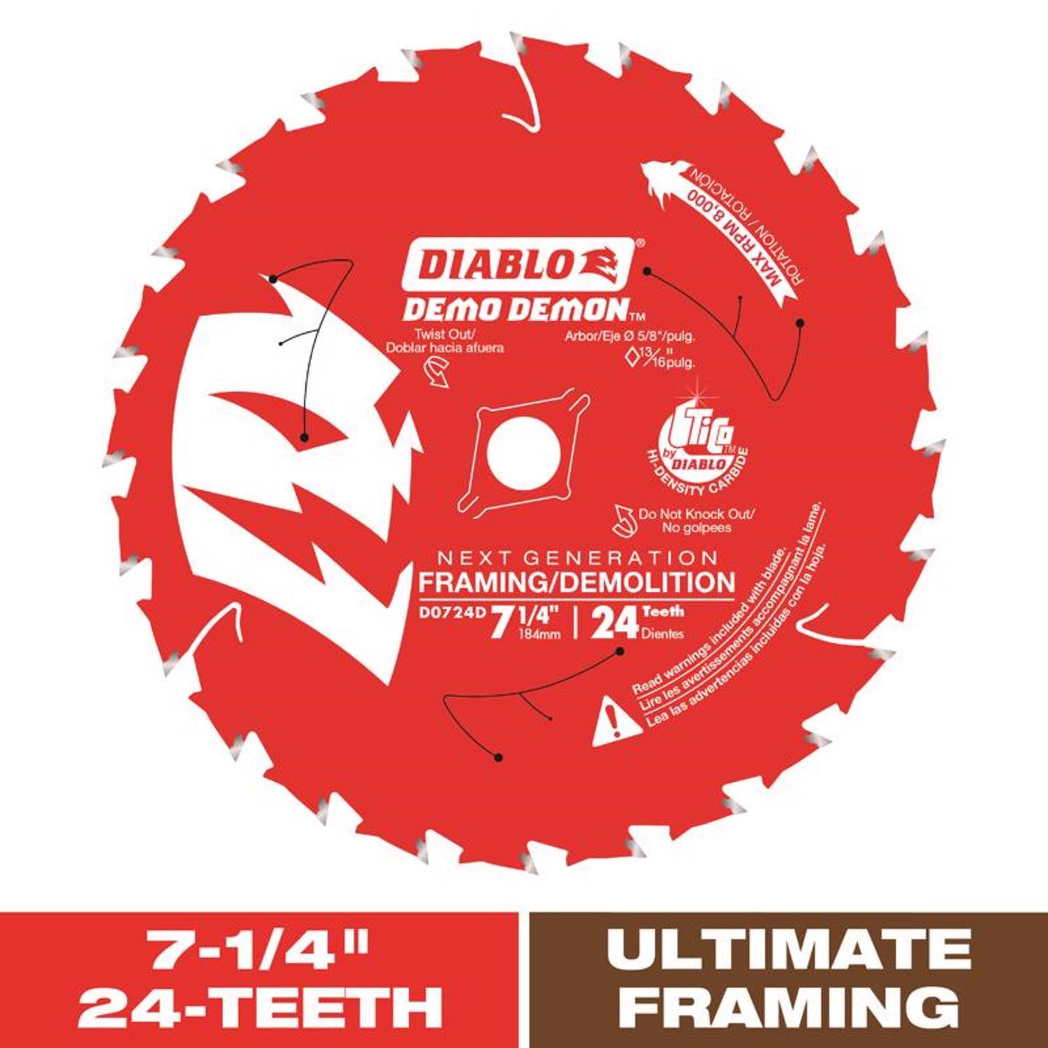 Diablo Demo Demon 7-1/4 in. D X 5/8 in. TiCo Hi-Density Carbide Circular Saw Blade 24 teeth 1 pk
