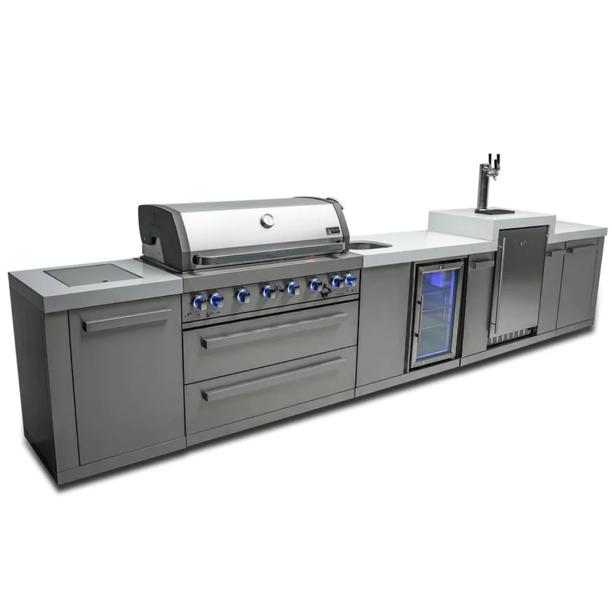 Mont Alpi 805 Island with Beverage Center and Kegerator / 6-Burner Grill, 2 Infrared Burners, Sink, Fridge, 3 Beer Taps, Stainless Steel