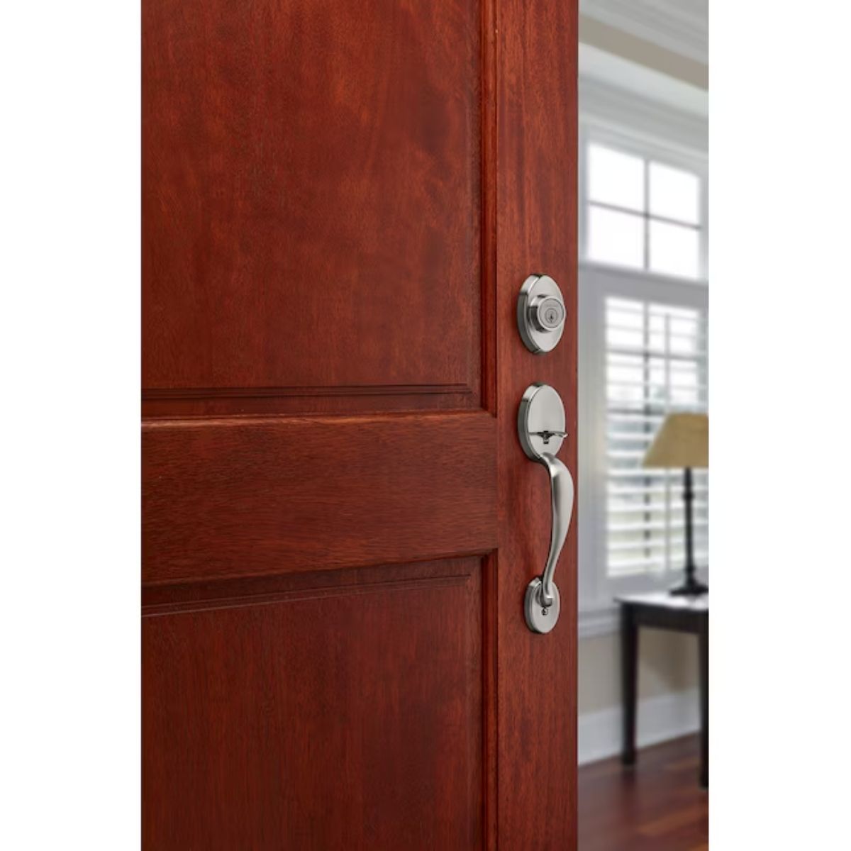 Kwikset Signature Series Chelsea Satin Nickel Exterior Single-Cylinder Deadbolt and Keyed Entry Door Handleset ft. SmartKey Security