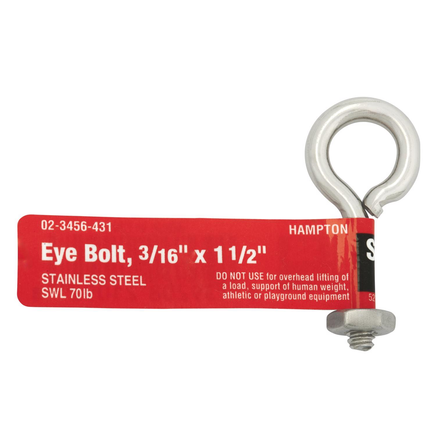 Hampton 3/16 in. X 1-1/2 in. L Stainless Stainless Steel Eyebolt Nut Included