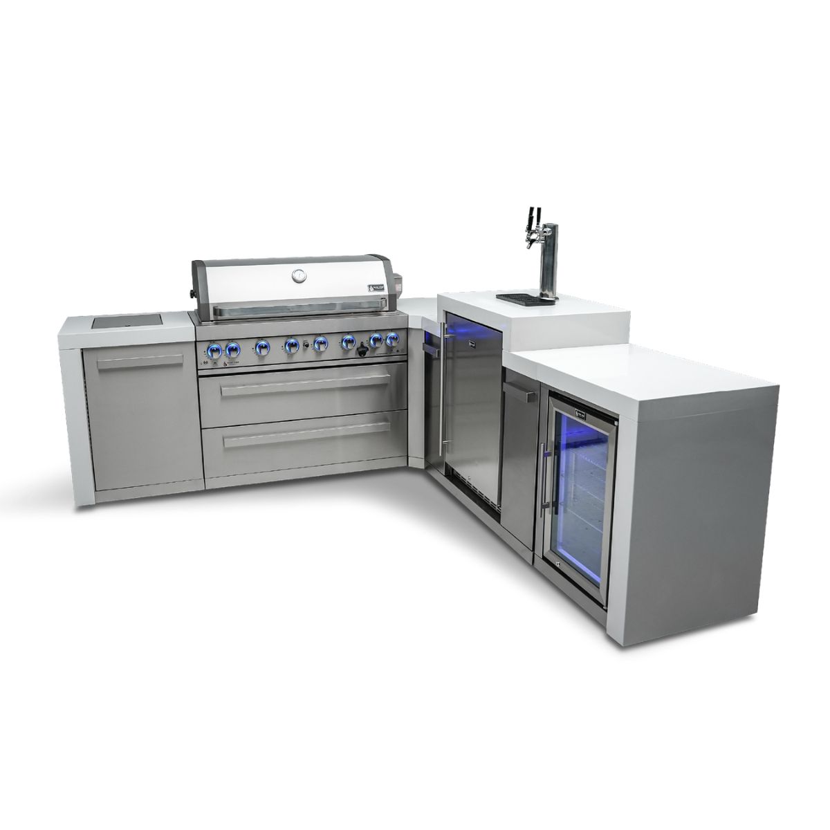 Mont Alpi 6-burner Deluxe Island with a 90-degree corner, kegerator, and fridge cabinet
