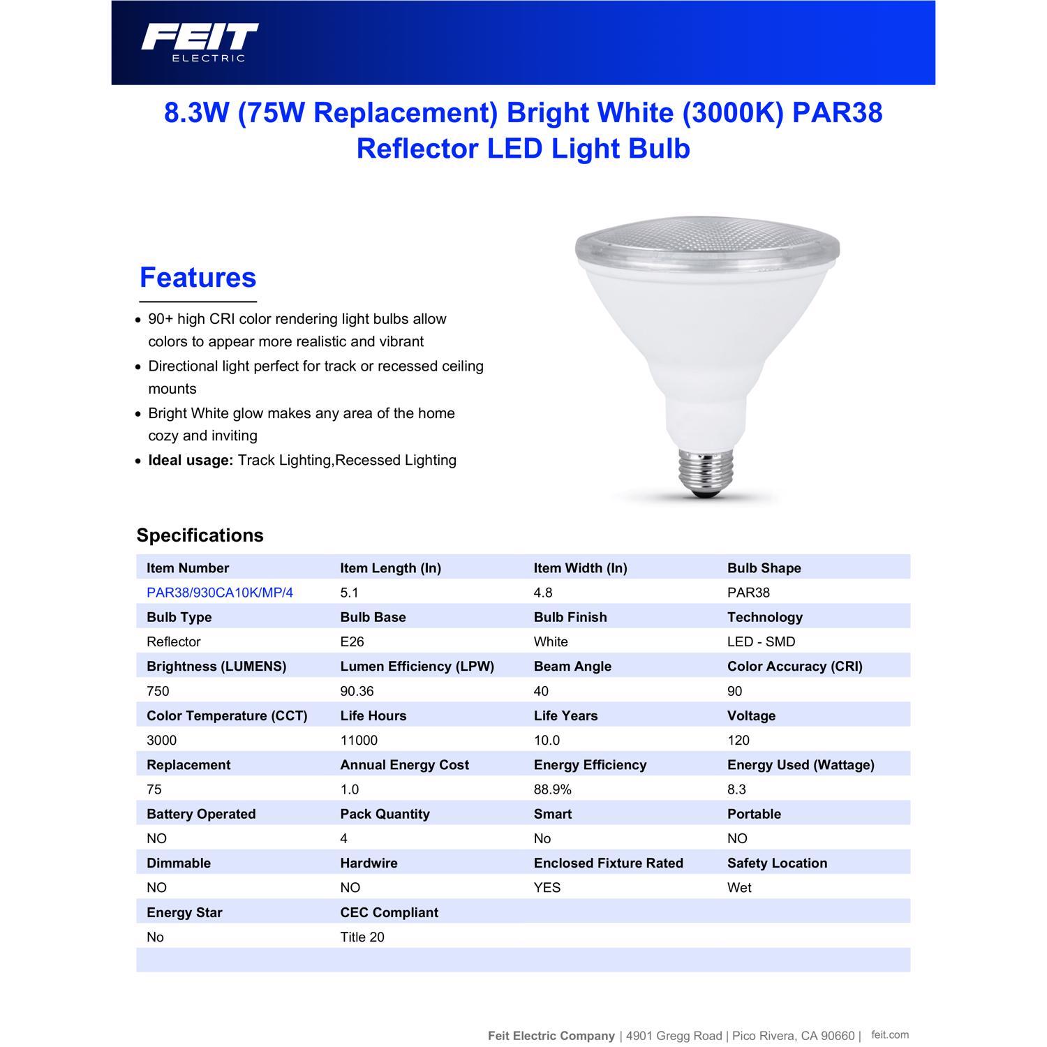 Feit Enhance PAR38 E26 (Medium) LED Bulb Bright White 75 Watt Equivalence 4 pk