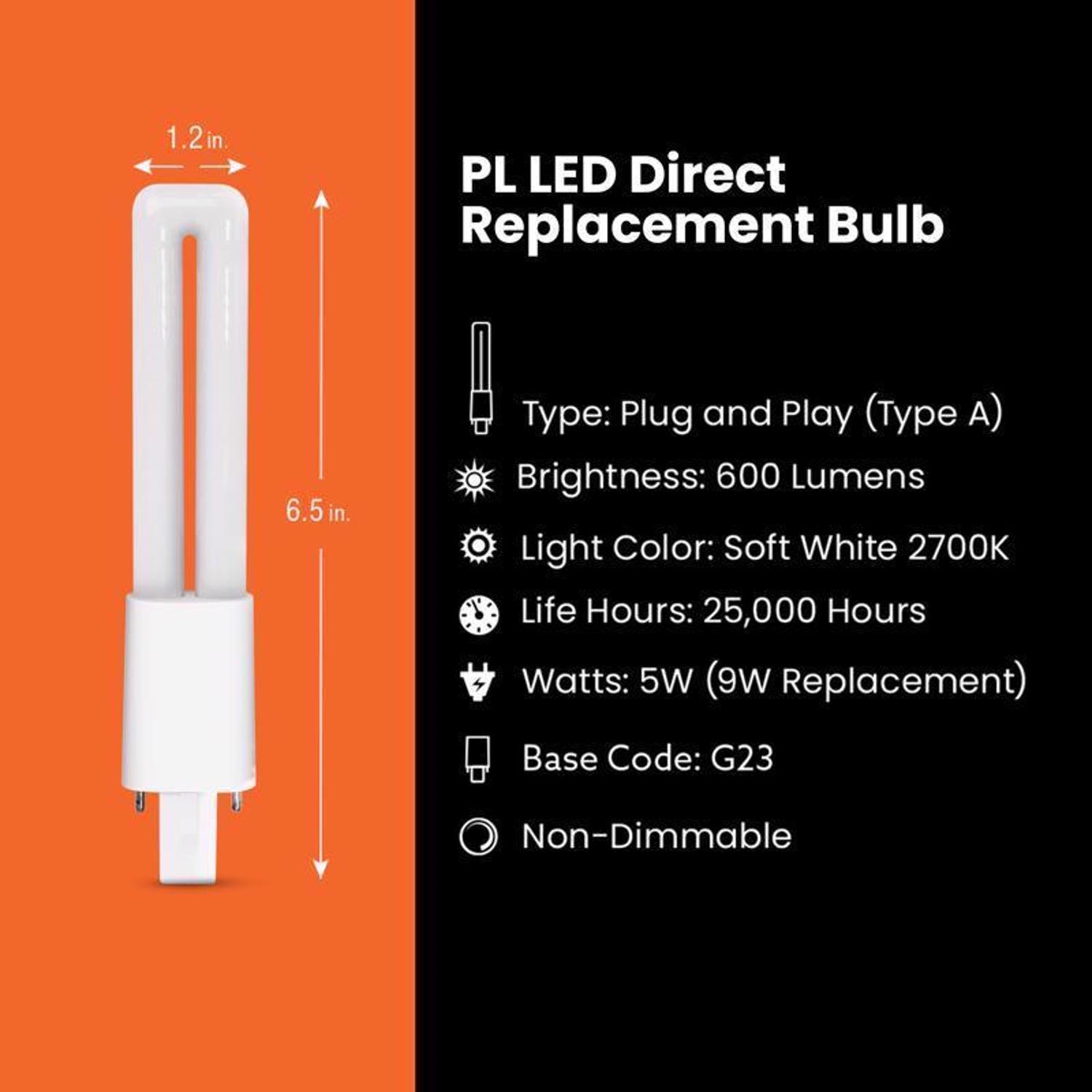 Feit LED Linear PL G23 LED Tube Light Soft White 9 Watt Equivalence 1 pk