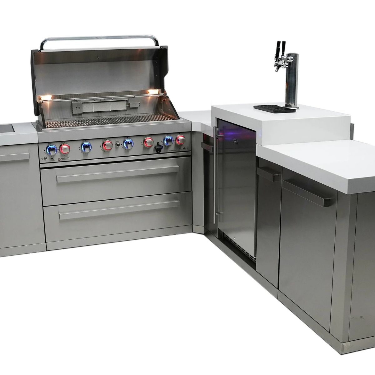 Mont Alpi 6-burner island with a 90-degree corner and kegerator