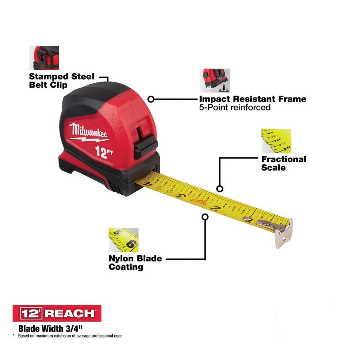 Milwaukee 12 ft. L x 1.32 in. W Compact Tape Measure 1 Pack