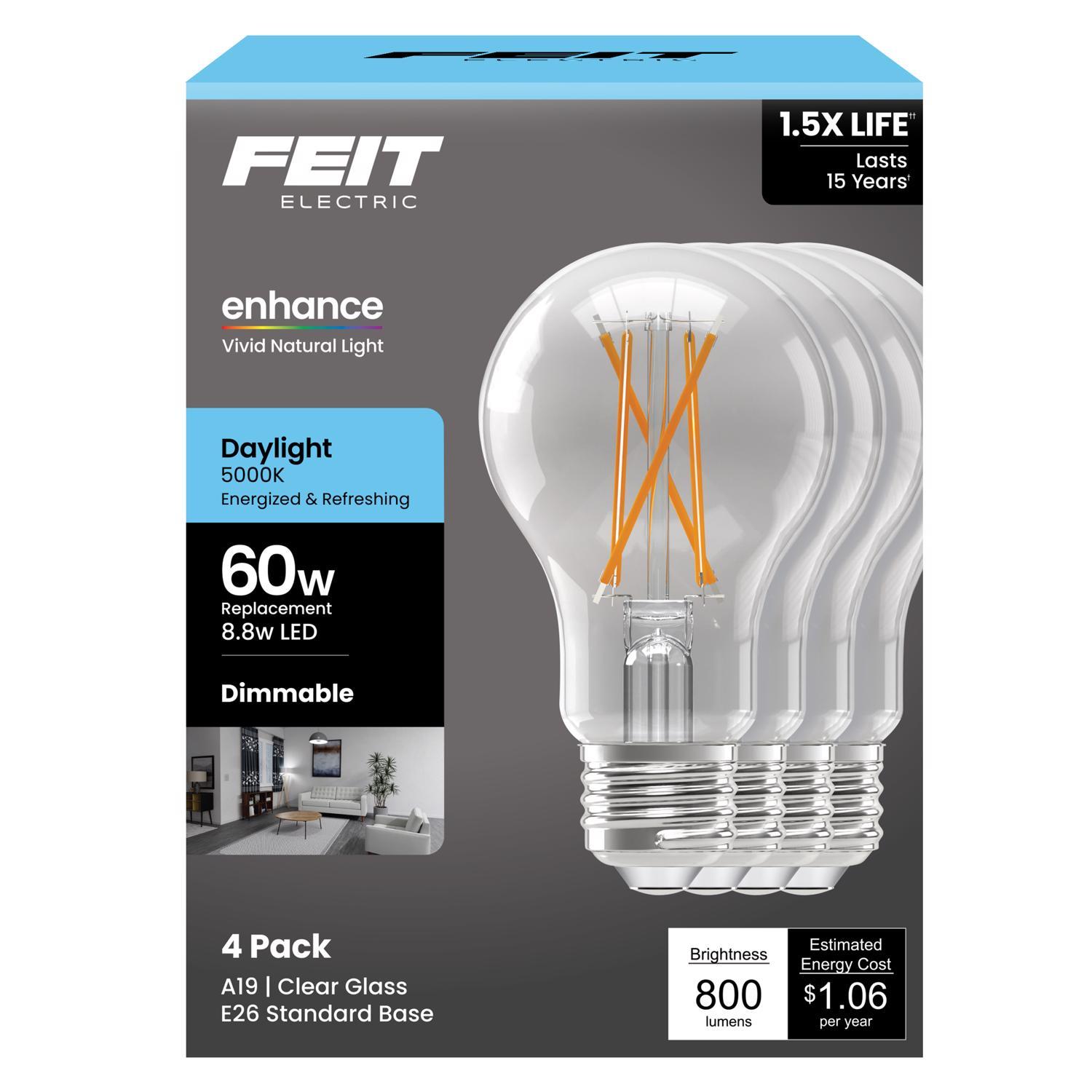 Feit Enhance A19 E26 (Medium) Filament LED Bulb Daylight 60 Watt Equivalence 4 pk