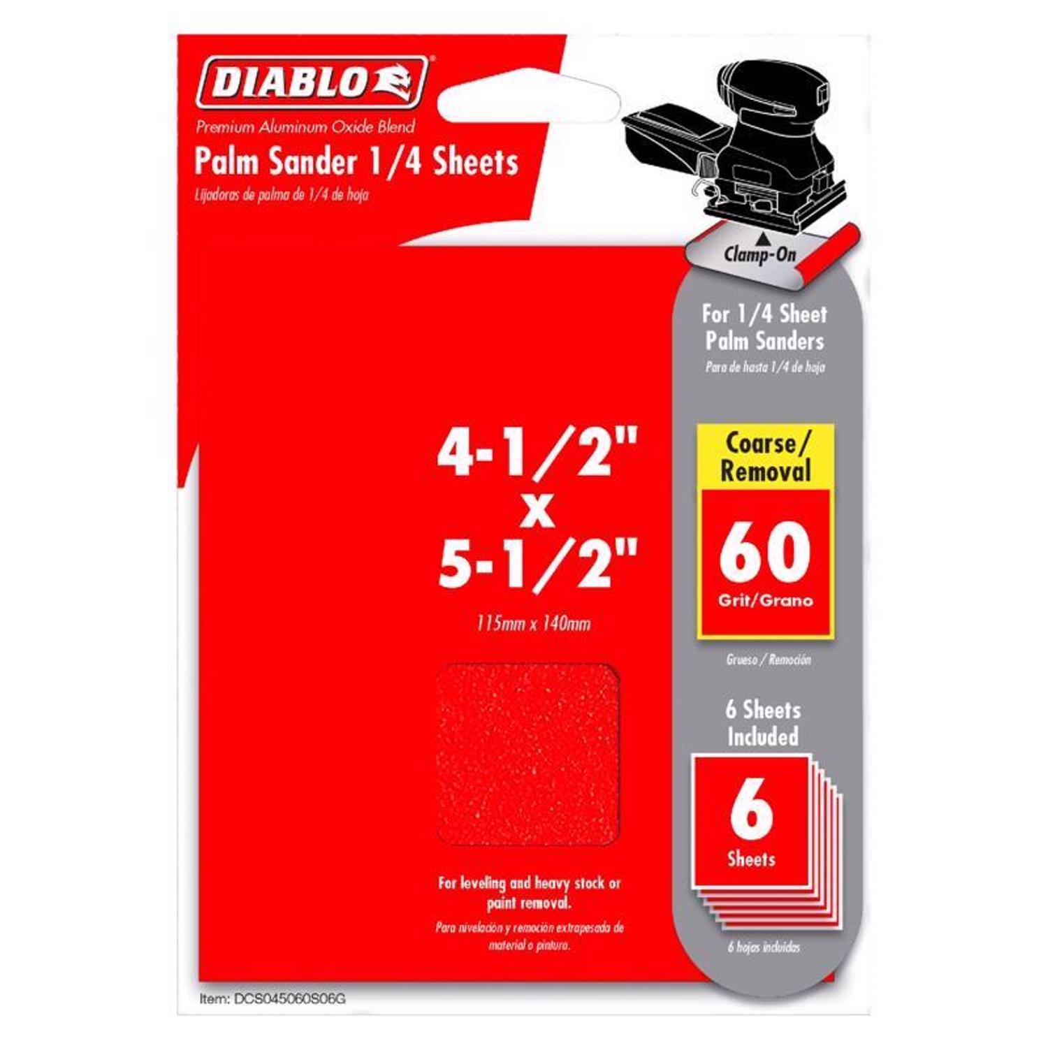 Diablo 5-1/2 in. L X 4-1/2 in. W 60 Grit Aluminum Oxide 1/4 Sheet Sandpaper 6 pk