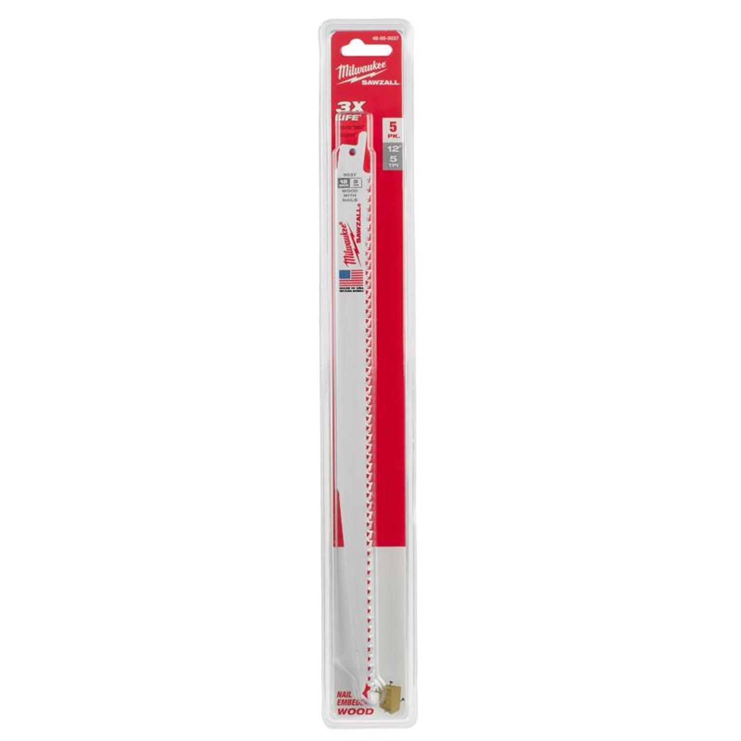 Milwaukee Sawzall 12 in. Bi-Metal Thin Kerf Reciprocating Saw Blade 5 TPI 5 pk