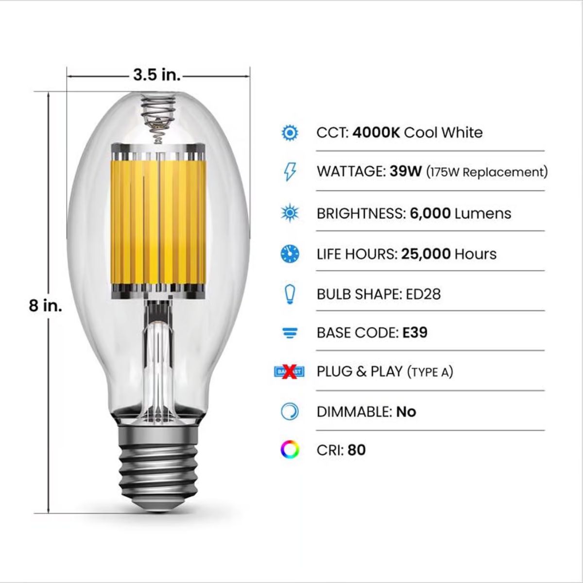 Feit 175 W ED28 HID Bulb 6000 lm Cool White High Lumen 1 Pack