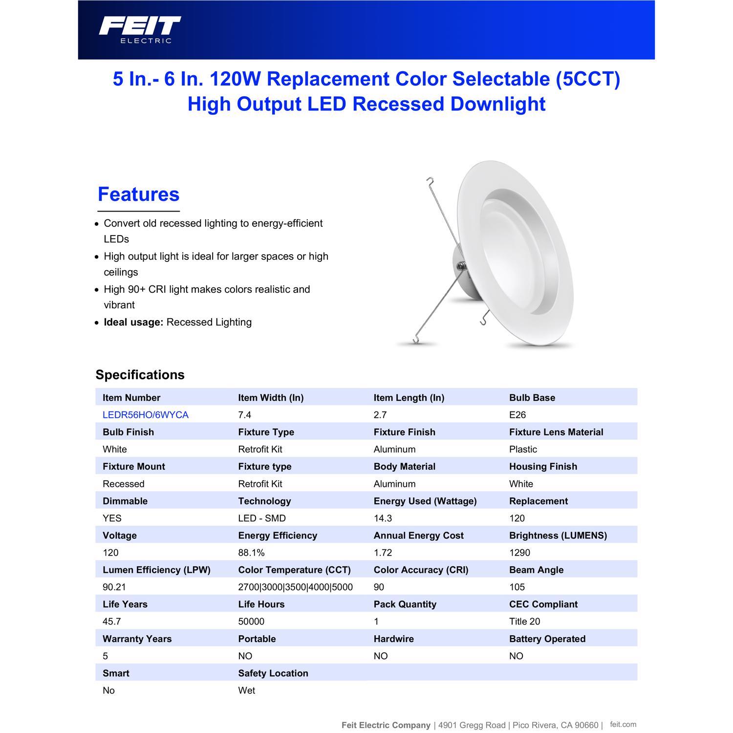 Feit Enhance White 7.5 in. W Aluminum LED Dimmable Recessed Downlight 14.3 W