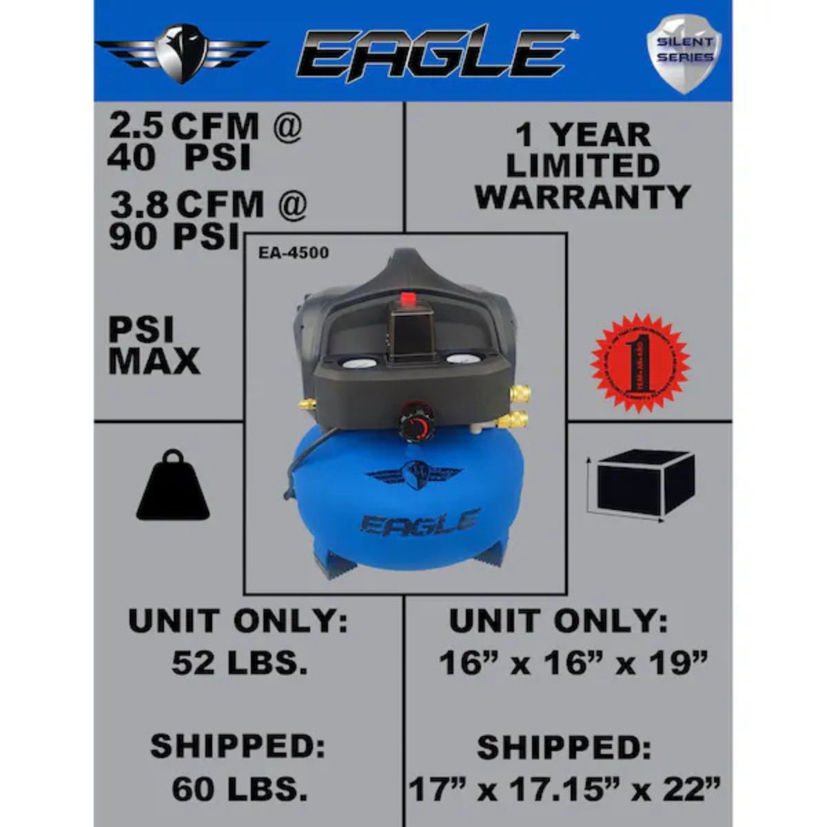 Eagle 1.5 HP 6 Gal 150 Max PSI Silent Series Single-Stage Portable Electric