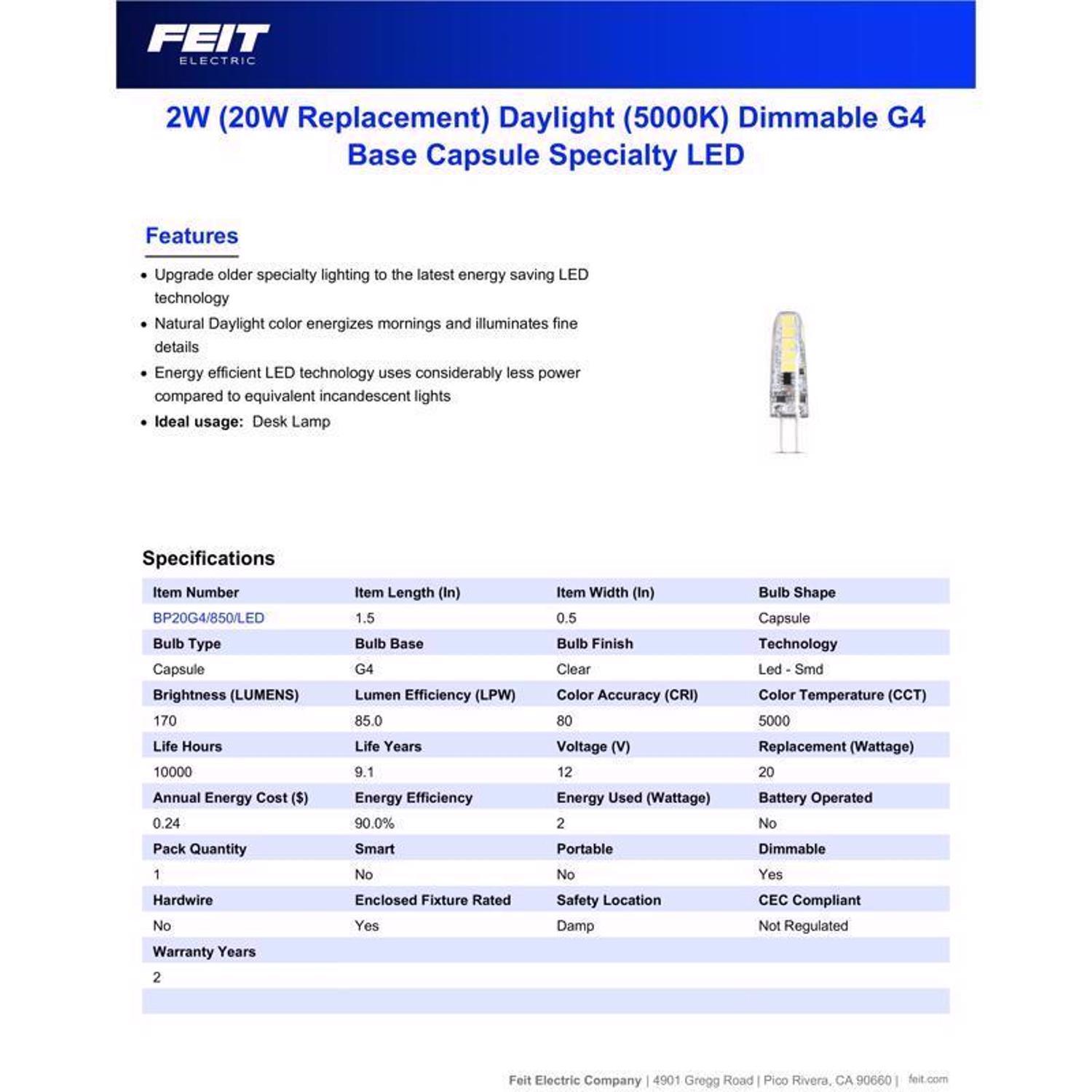 Feit T4 G4 LED Bulb Daylight 20 Watt Equivalence 1 pk