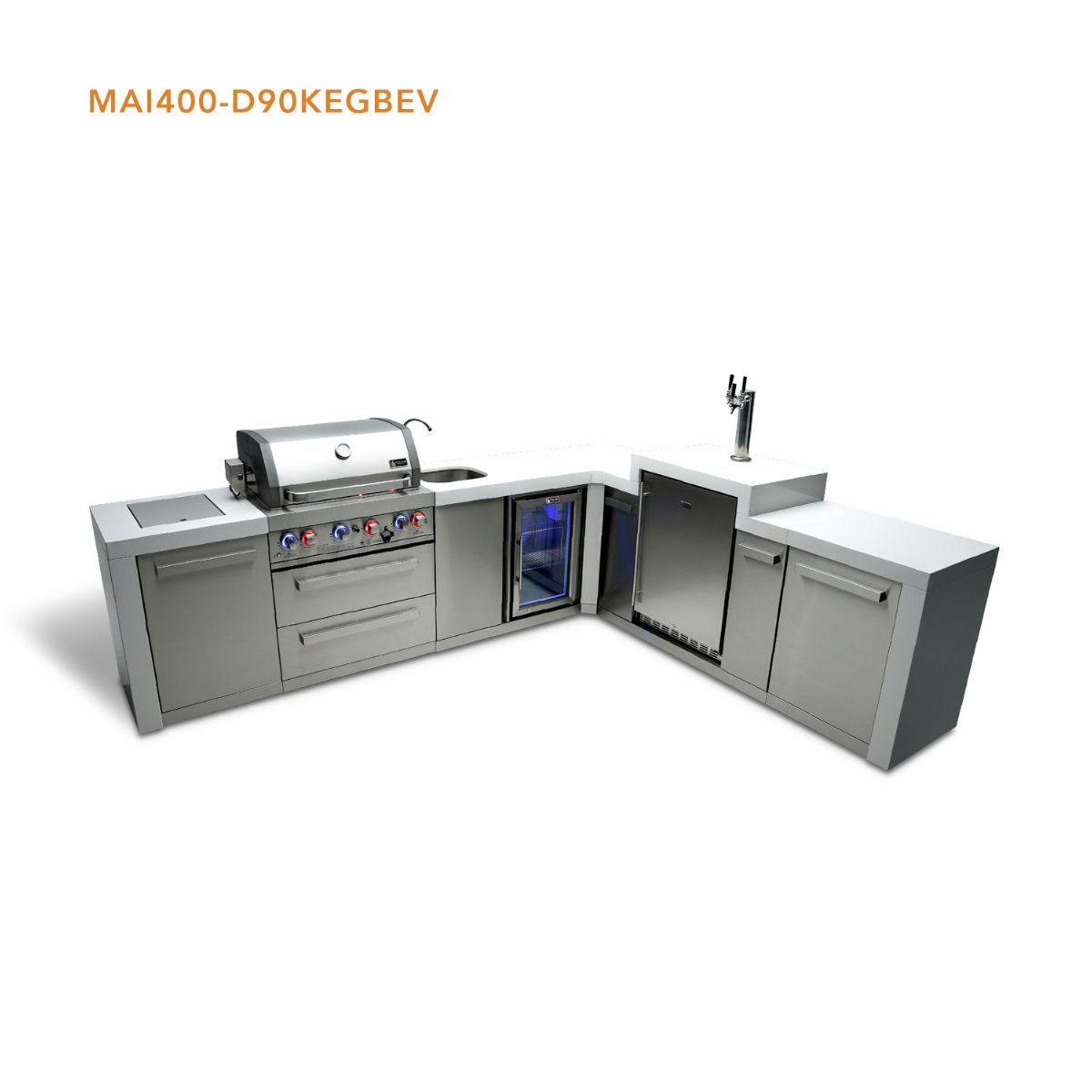 Mont Alpi 4-Burner Deluxe Island with a 90-Degree Corner, Kegerator, and Beverage Center