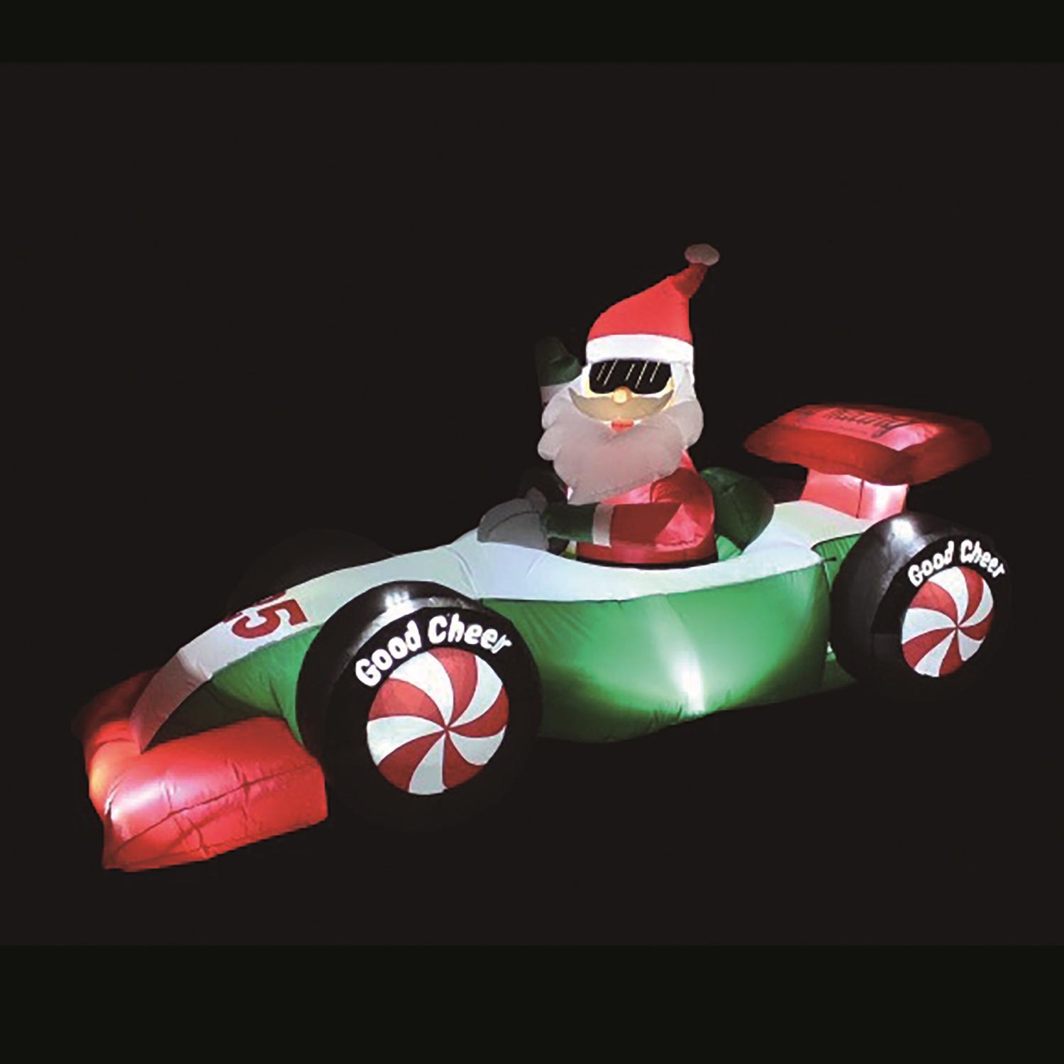 A Holiday Company LED Clear Santa with Race Car 4 ft. Inflatable