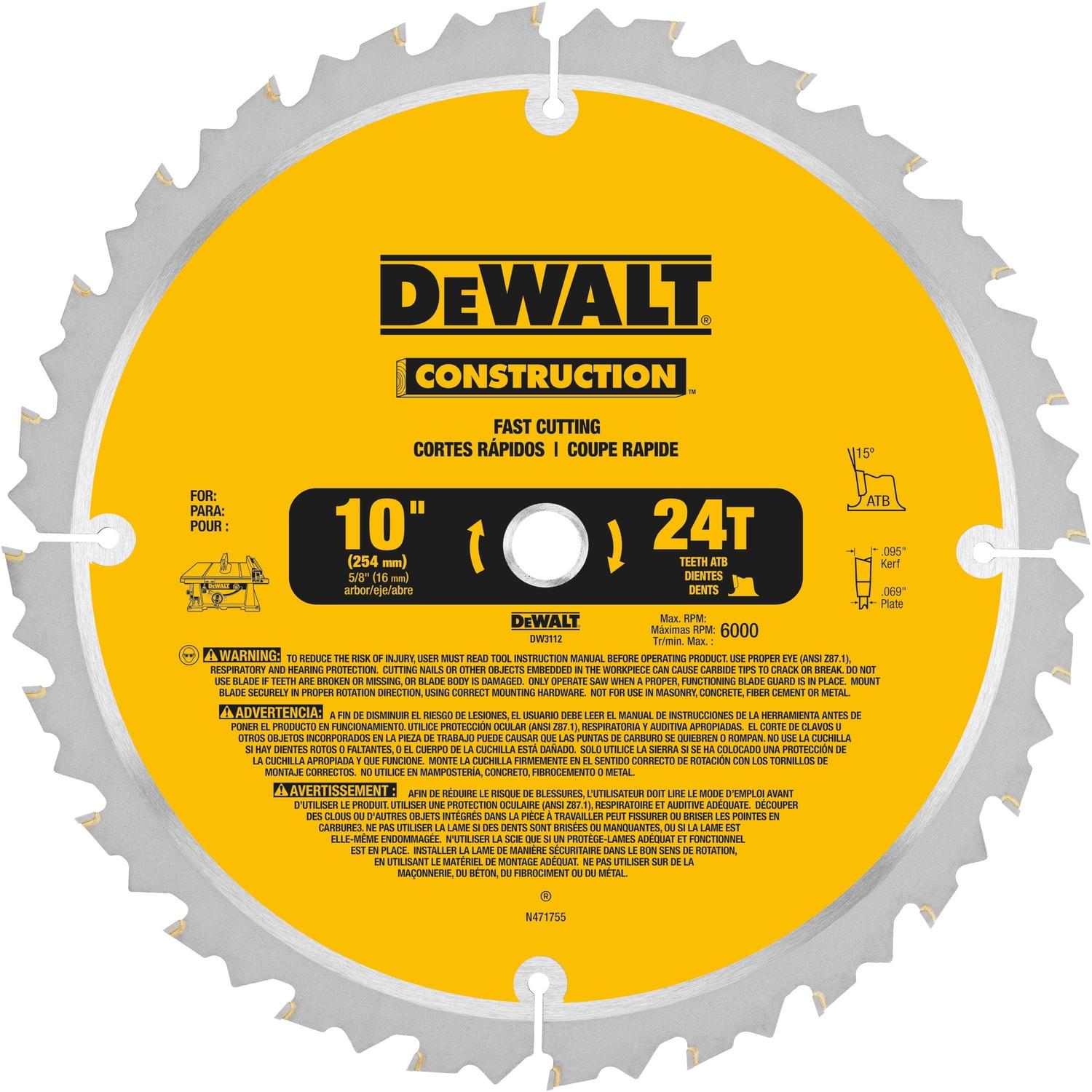 DeWalt 10 in. D X 5/8 in. Carbide Circular Saw Blade 24 teeth 1 pk