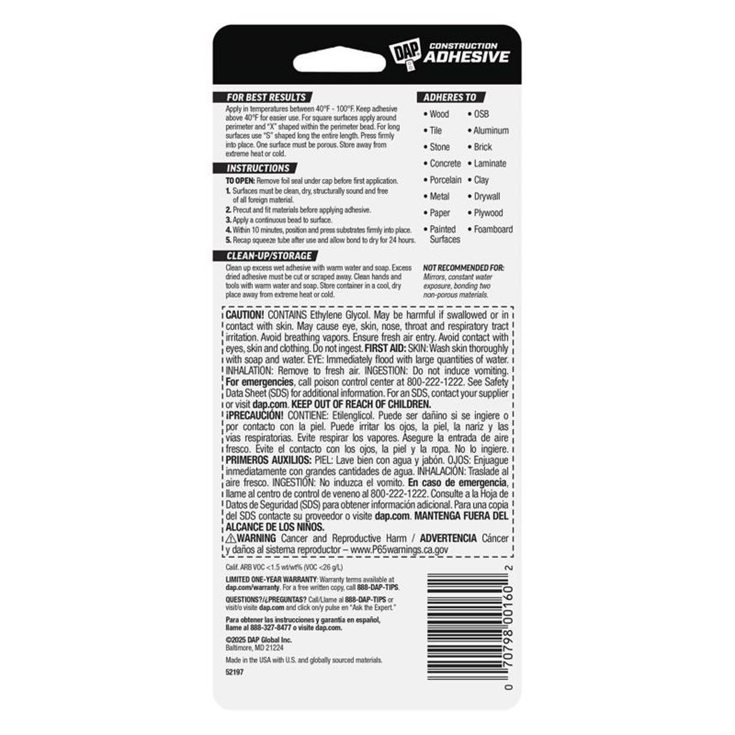 DAP Heavy Duty Construction Adhesive 3 oz