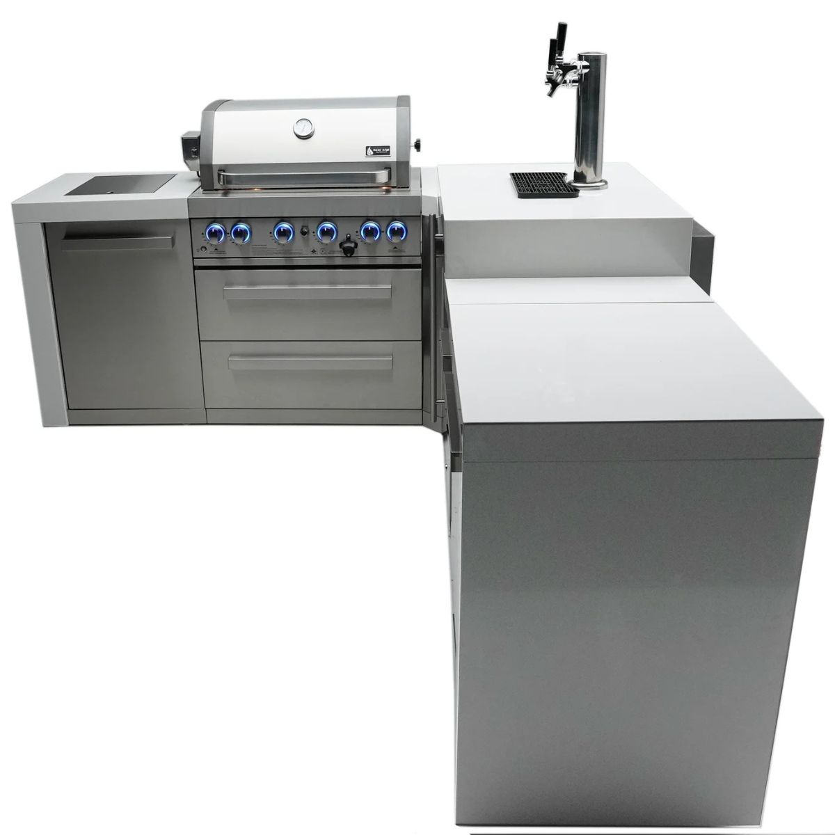 Mont Alpi 4-burner Deluxe Island with a 90-degree corner and Kegerator