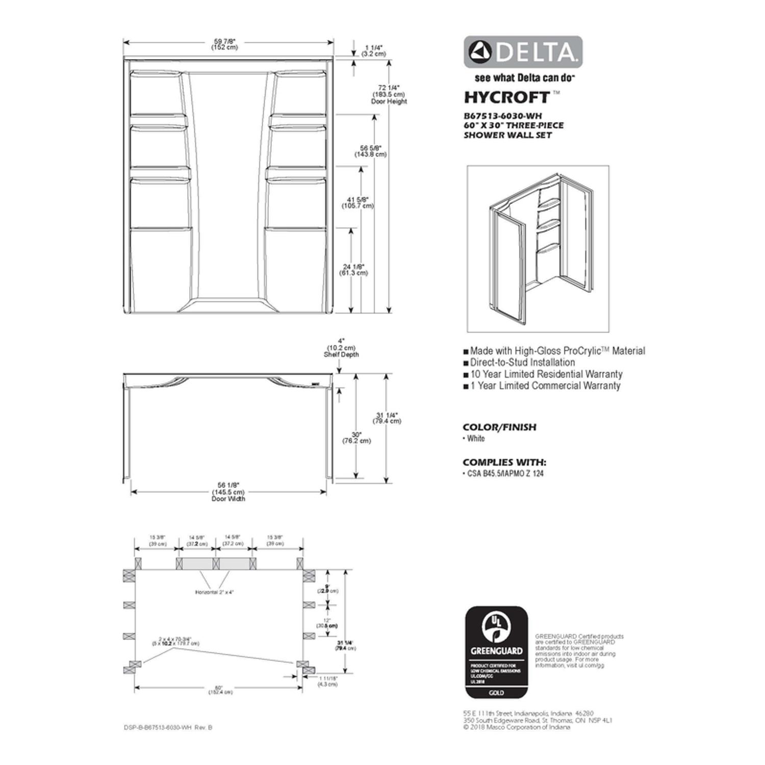 Delta Hycroft 73.5 in. H X 30 in. W X 60 in. L White Shower Surround