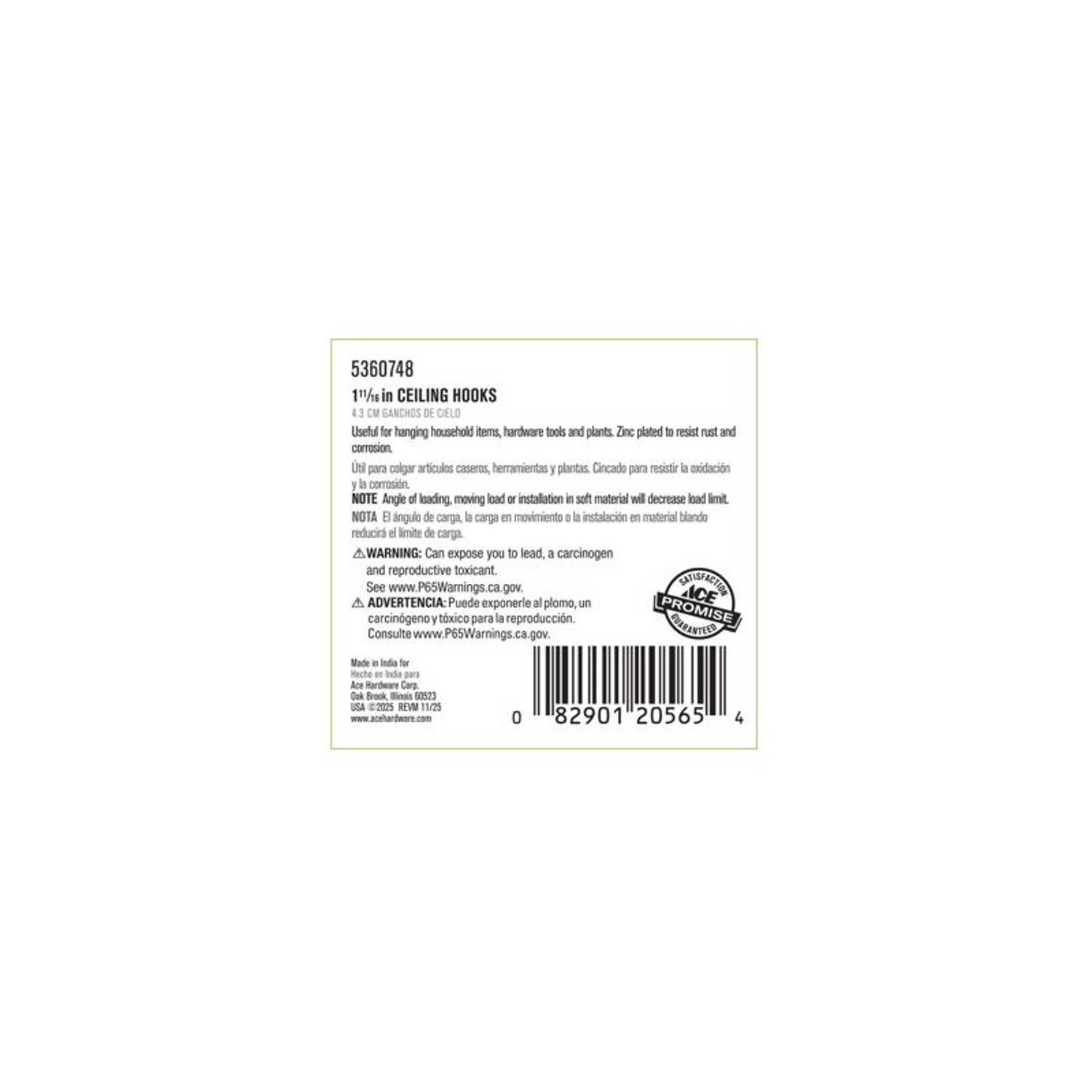 Ace Small Zinc-Plated Silver Steel 1-11/16 in. L Ceiling Hook 25 lb 50 pk