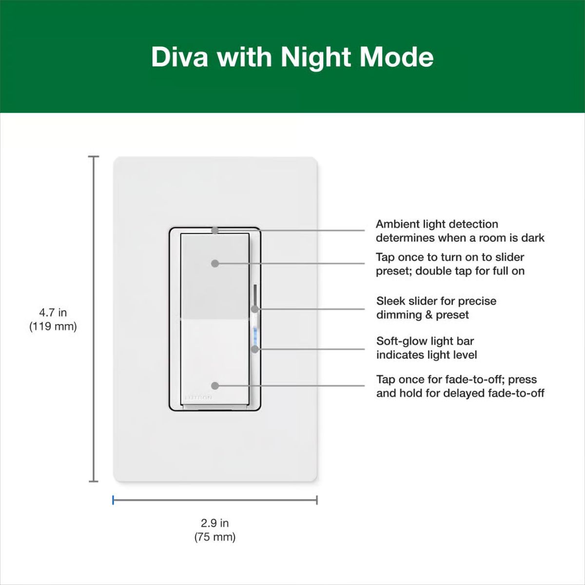 Lutron Diva with Night Mode for Dimmable LED Bulbs White 150 W 3-Way Dimmer Switch 1 Pack