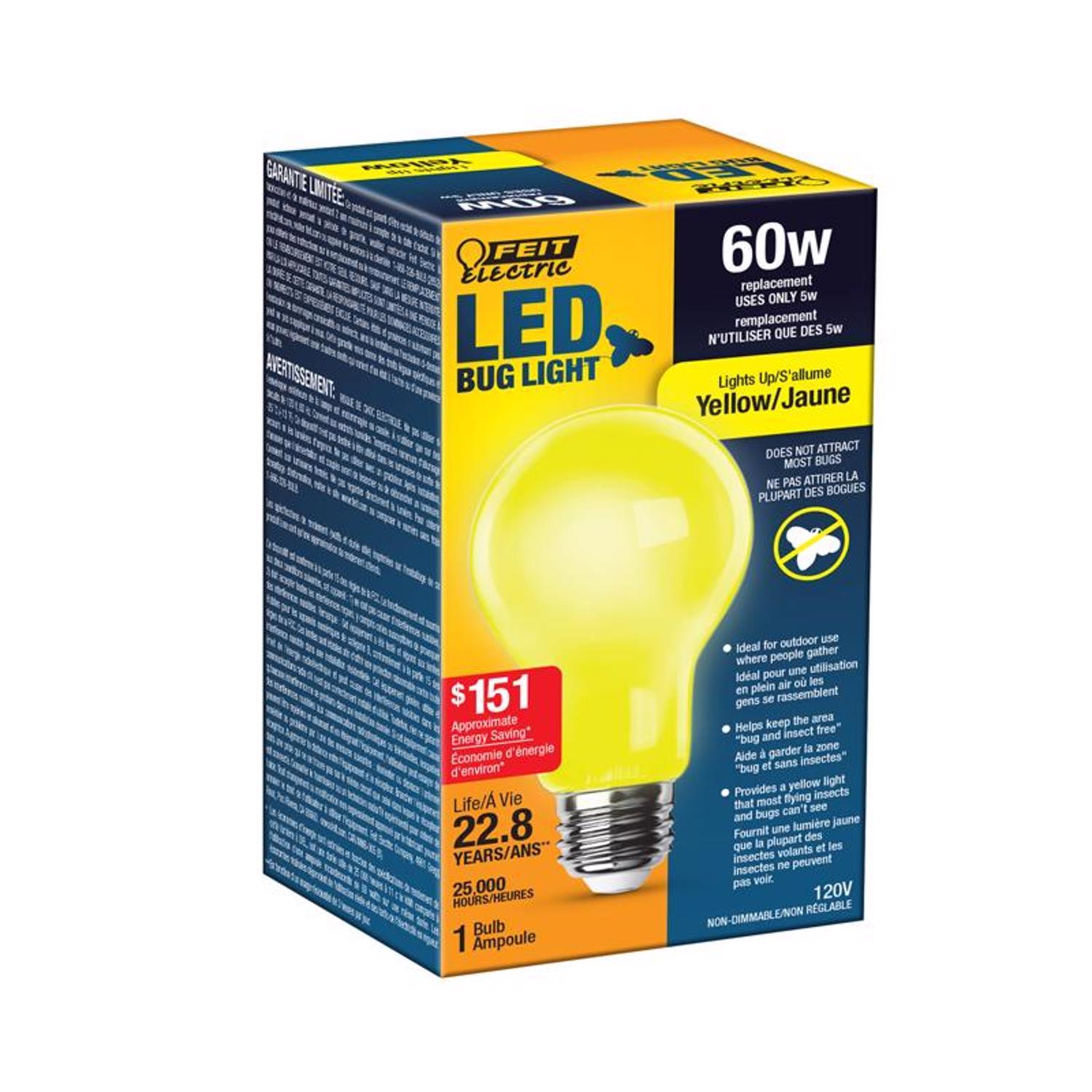 Feit A19 E26 (Medium) LED Bug Light Yellow 60 Watt Equivalence 1 pk