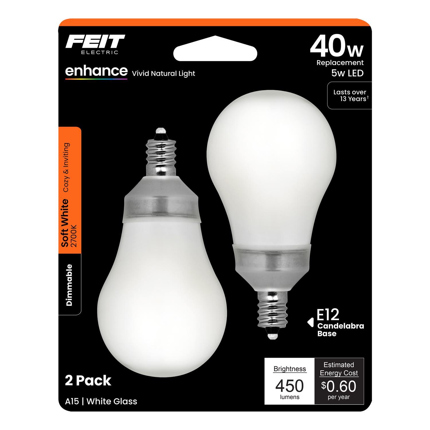 Feit Enhance A15 E12 (Candelabra) LED Bulb Soft White 40 Watt Equivalence 2 pk