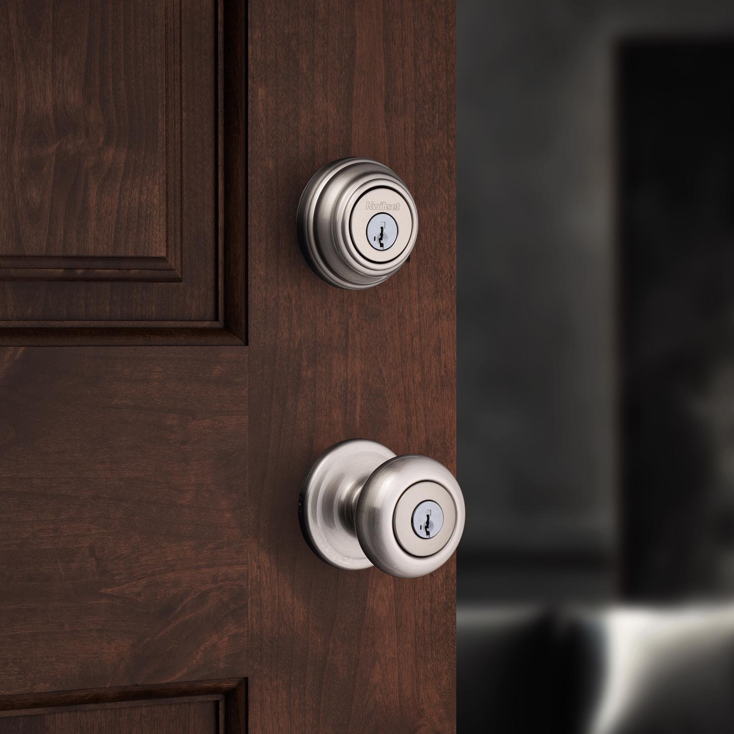 Kwikset SmartKey Juno Satin Nickel Deadbolt and Entry Door Knob KW1 1-3/4 in.