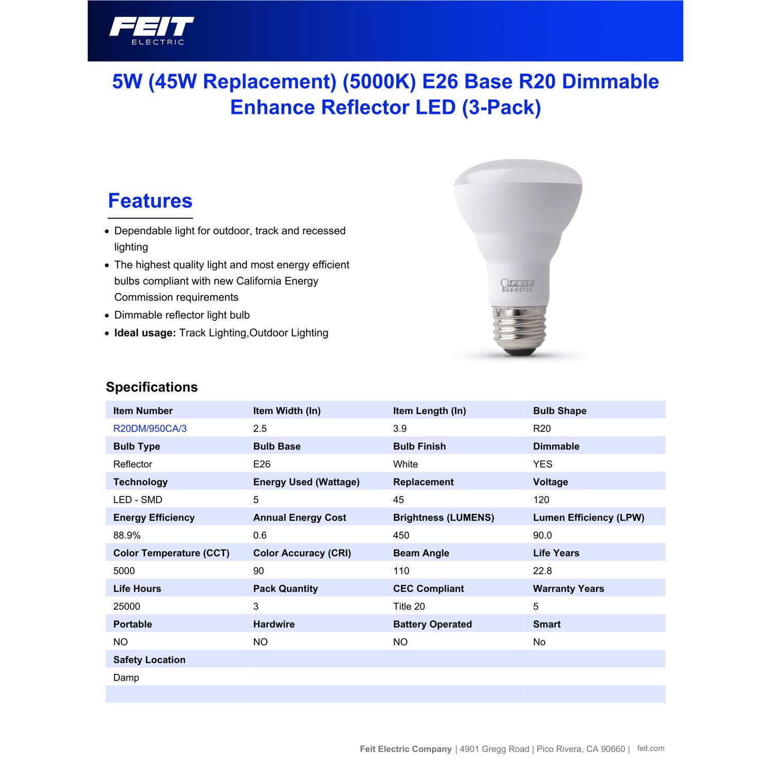 Feit Enhance R20 E26 (Medium) LED Bulb Daylight 45 Watt Equivalence 3 pk