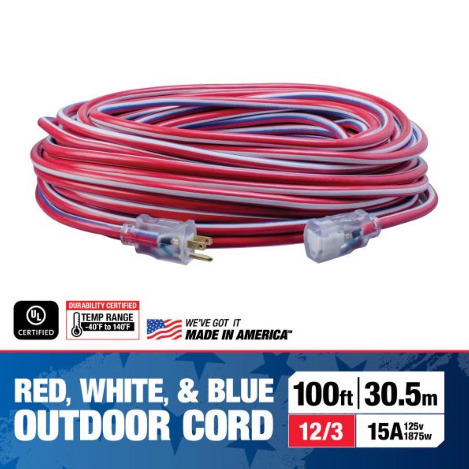 Southwire Wounded Warrior Project Outdoor 100 ft. L Blue/Red/White Extension Cord 12/3
