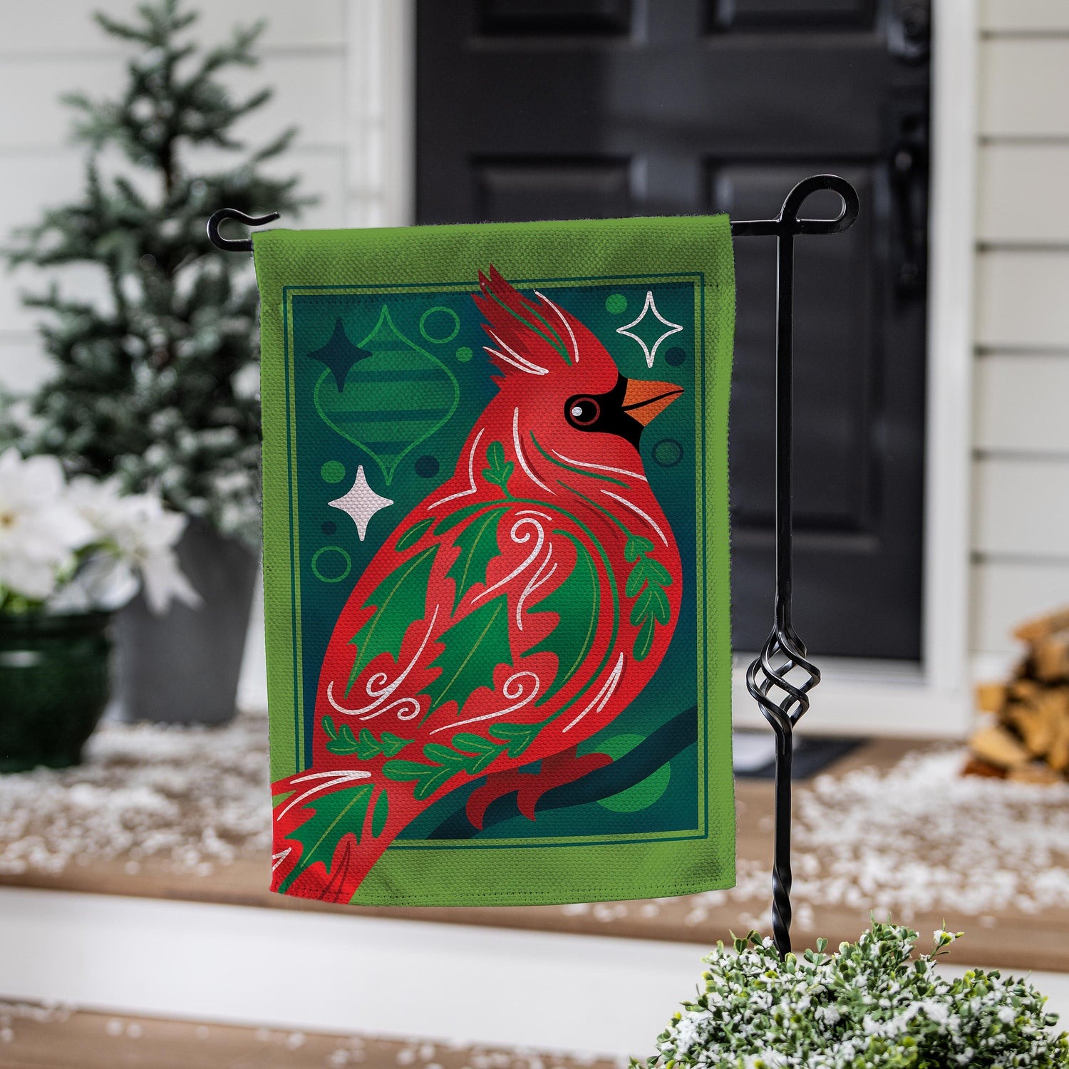 Evergreen Decorated Cardinal Burlap Garden Flag