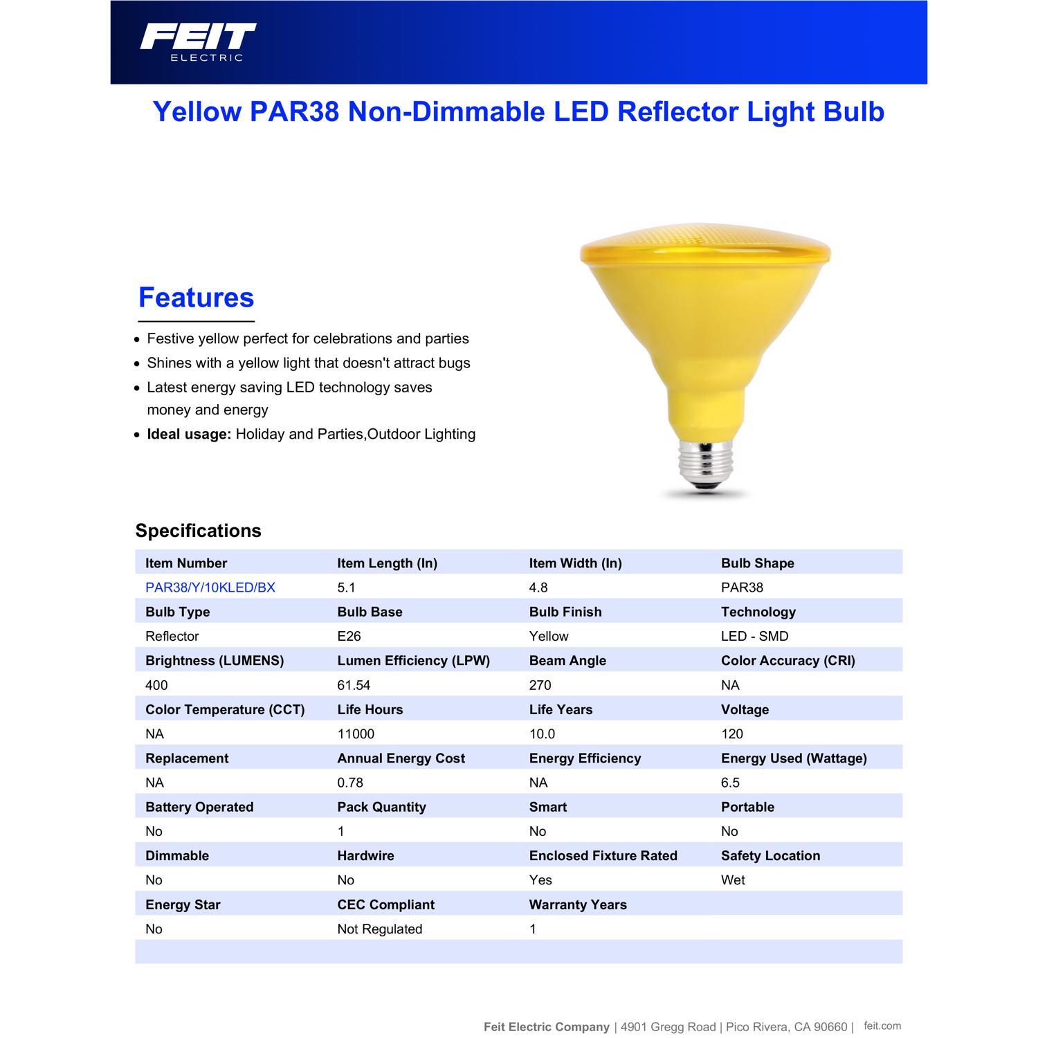 Feit PAR38 E26 (Medium) LED Bulb Yellow 90 Watt Equivalence 1 pk