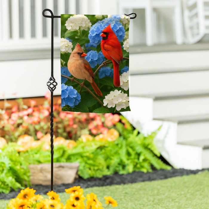 Evergreen Cardinal Couple Among Hydrangeas Suede Garden Flag