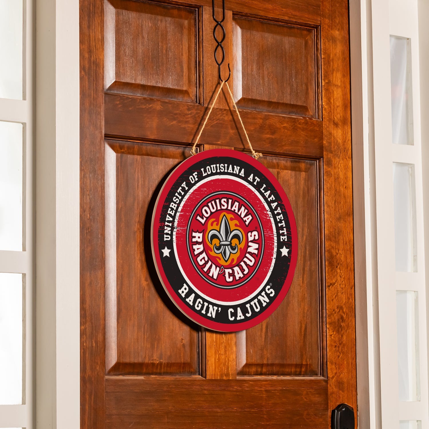 Evergreen University of Louisiana-Lafayette Round Door d'cor with Hanging Rope, 18 in. x 18 in.