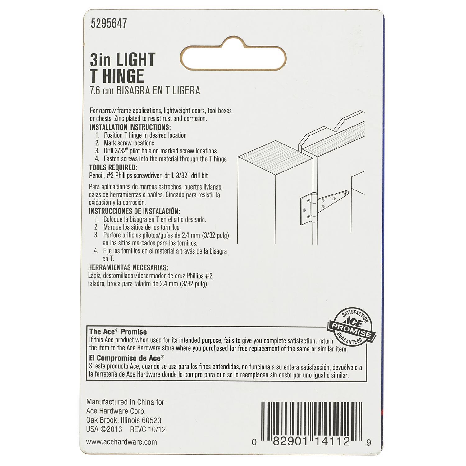 Ace 3 in. L Zinc-Plated Light Duty T Hinge 2 pk