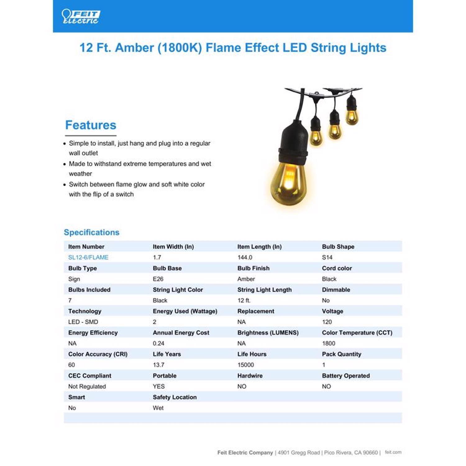 Feit LED Flame Bulb String Lights Amber 12 ft. 6 lights