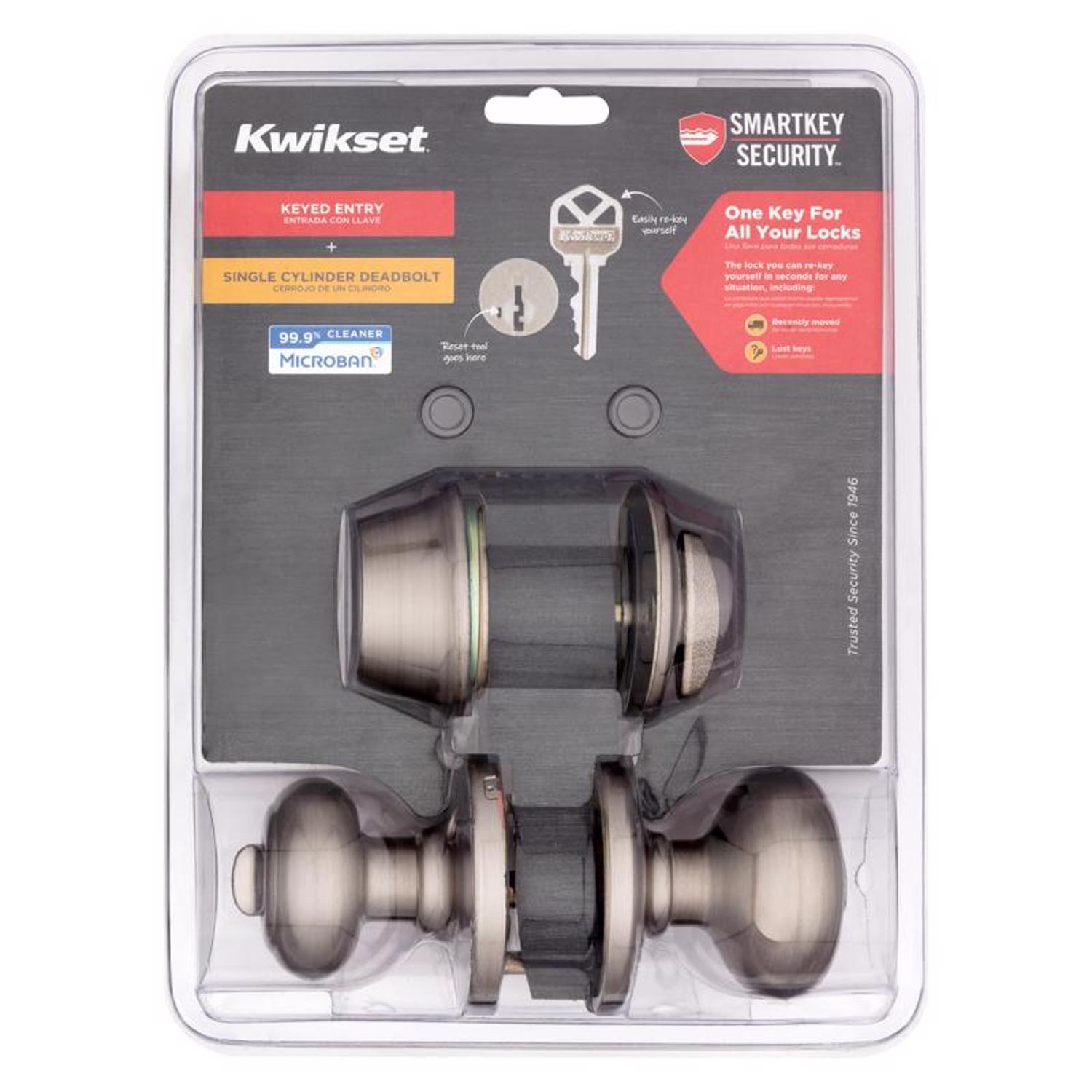 Kwikset SmartKey Security Cove Satin Nickel Deadbolt and Entry Door Knob KW1 1-3/4 in.
